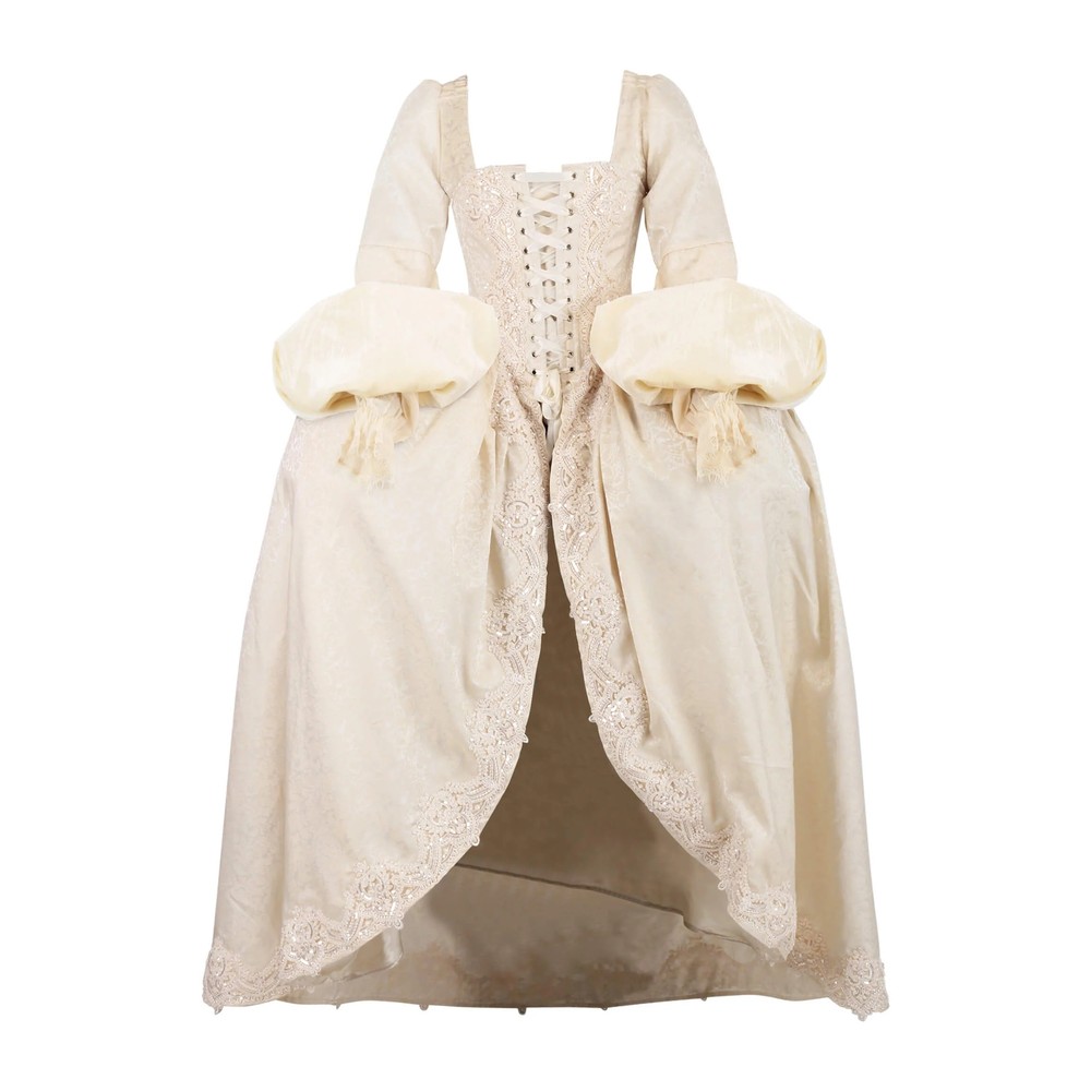 Attitude Corsets - Venessa Rococo Ivory Brocade Tudor Langes Korsett Kleid - Elfenbeinfarben